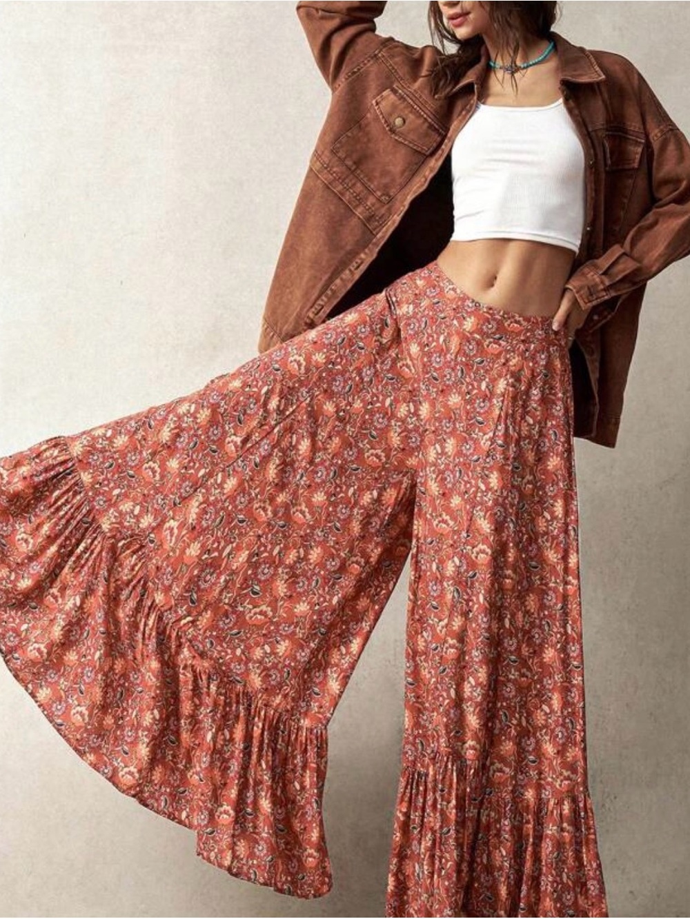 SHEIN Rust Floral Boho Flare Pants - Picture 2 of 7